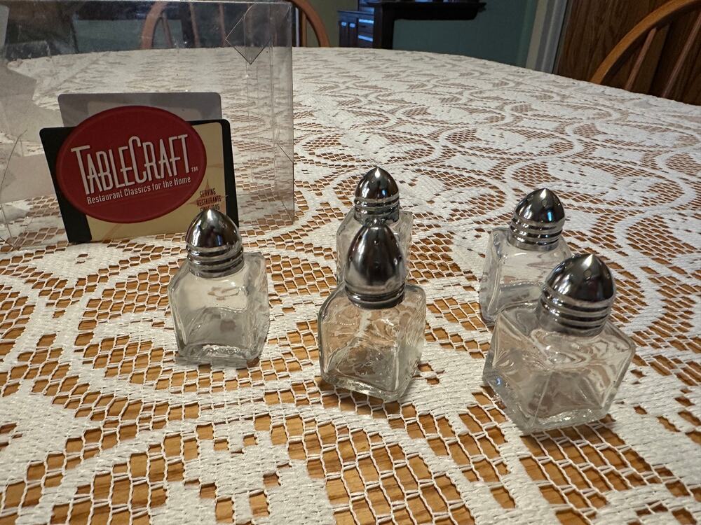 TableCraft Mini Glass Salt and Pepper Shakers Set of 5 Stainless Steel Tops